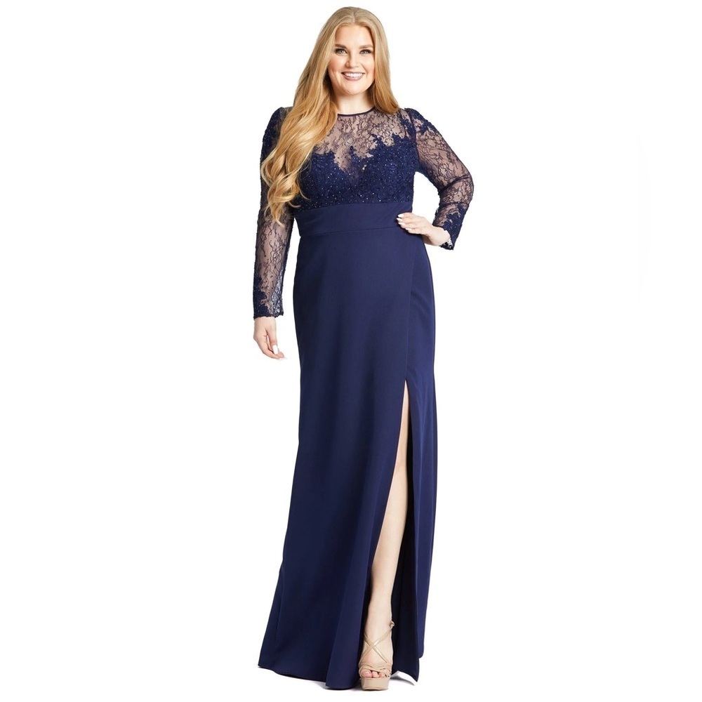 NWT Mac Duggal Plus Fabulouss 49173 Midnight Blue Lace Long Sleeve Gown 20W